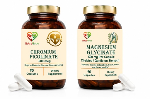 [BRSRYYIFAQCAIFA7] Chromium Picolinate 500mcg + Magnesium Glycinate 590mg Bundle | Blood Sugar, Metabolism, Muscle, Heart, Nerve & Bone Health Support | 90 Capsules Each