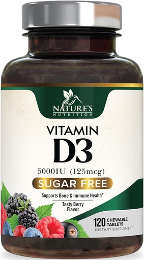 [BRSRAYIEAACGMFLA] Vitamin D3 5000 IU (125 mcg) Nature's Extra Strength Vitamin D Supplement Chewable for Immune Support Health - Bone, Teeth and Muscle Supplements - Sugar Free, Non-GMO, Gluten Free - 120 Count Tablets