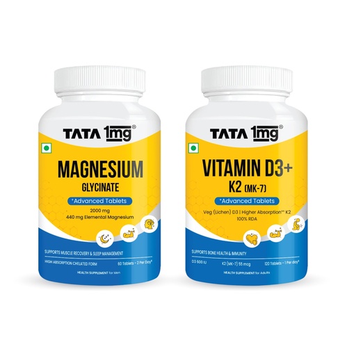 [BRSRGHQTBZ5AIDTO] Tata 1mg Magnesium Glycinate Tablets, 60 Tablets + Tata 1mg Vitamin D3+K2, 120 Tablets
