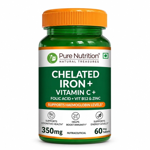 [BRSW2CALPJ6AGFLA] Pure Nutrition Chelated Iron Supplement for Women and Men | Folic Acid Tablets for Pregnancy | Hemoglobin Booster & Maintains Irons Level | with Zinc, Vitamin C & Vitamin B12 - 60 Veg Tablets for Hair Growth with Iron Bisglycinate