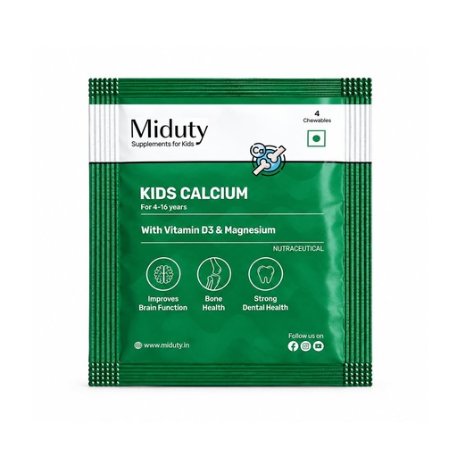 [BRSRYEITDIHBA3LF] Miduty Kids Calcium - Vitamin D3, K2 & Magnesium - Chewables - Strong Bones & Teeth - Mint-Flavored, Sugar-Free Calcium Supplement for Active & Picky Eaters - 4 Chewables