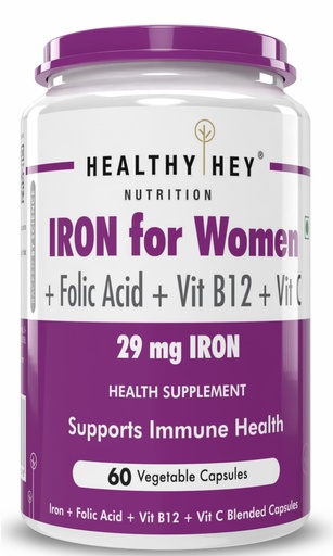[BRSWYYI3DF7W2A3D] HealthyHey Nutrition Iron Supplement for Women -100% Chelated - With Vitamin B12, Folic Acid & Vitamin C for High Absorption (60 Veg Capsules)