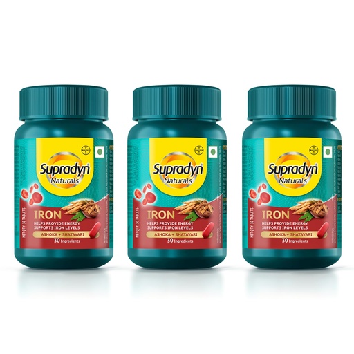 [BRSROCD4CMFWCHLV] Supradyn Naturals Iron (90 tablets) For Women, Multivitamin with 3X Iron, Ashoka, Shatavari, Zinc, Vitamin C, Folic Acid, 30 vital nutrients, Supports Blood Health & Provides Energy, Veg