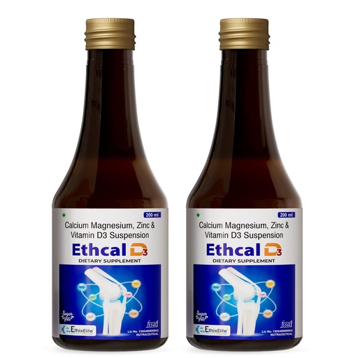 [BRSRYZL4CMIA2CAZ] Ethcal D3 Calcium, Magnesium, Zinc & Vitamin D3 Syrup, 200 ml, Pack of 2 | Calcium Syrup for Women & Men | Magnesium Zinc Supplement With Vitamin D3 To Support Bones, Joints & Muscles, Joints & Immunity