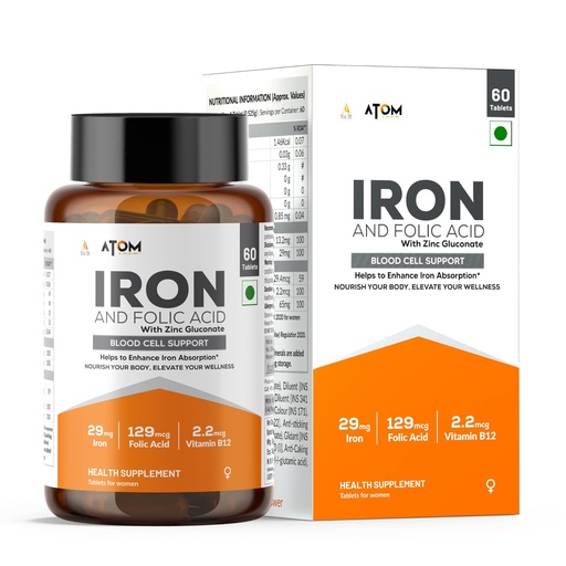 [BRSREBD3C57BUDL2] AS-IT-IS ATOM Iron & Folic Acid with Zinc, Vitamin C & B12 60 Veg Tablets Fatigue, Nerve, Immunity & Mood Balance Support I 5 Active Ingredients - One Tablet