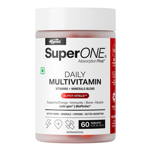 [BRSRGCYTDIJQKALA] Alpino SuperONE Daily Multivitamin Tablets | Vitamins & Minerals with Zinc, Iron, Vitamin C, D & B-Complex | Energy, Immunity & Bone Support | 60 Tablets