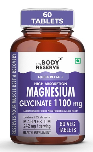 [BRSRAFAKC4MAY3D6] The Body Reserve Magnesium Glycinate Supplement - 60 Veg Tablets, 1100mg Per Serving, High Absorption Chelated Form - Muscle & Nerve Health, Relaxation for Men & Women