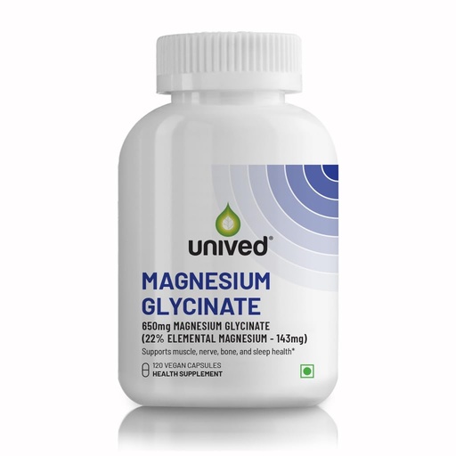 [BRSRAAIKPJ5R4FDU] Unived High Absorption Magnesium Glycinate Chelate Buffered - 650mg - 22% Elemental Magnesium - 120 Capsules