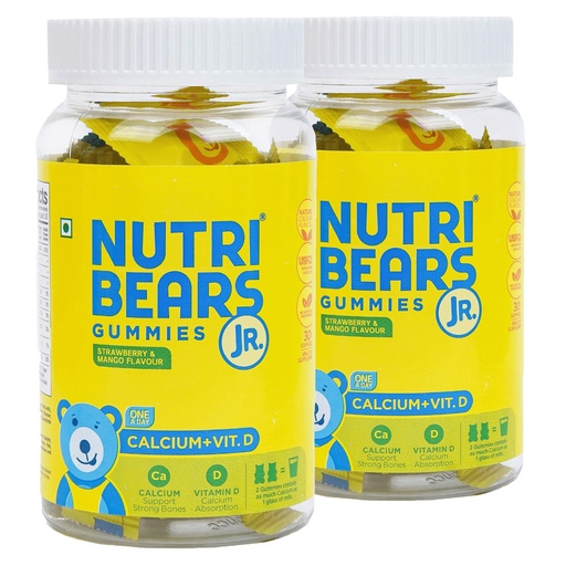 [BRSWYYYPCIHB62A7] NutriBears Kids Calcium Gummies | 125mg Calcium + Vitamin D | No Artificial Colours | Supports Strong Bones & Teeth | USFDA-Registered | Vegetarian | Ages 2-12 | Mango & Strawberry | 60 Gummies