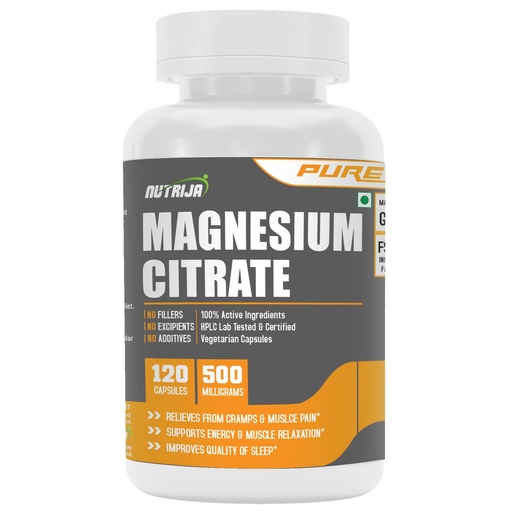 [BRSRYYATOYPWGYLG] NutriJa Magnesium Citrate 500mg | 72mg Elemental Magnesium Per Capsule | Supports Muscle Function, Nerve Health, Bone Health & Energy Metabolism | 120 Veg Capsules