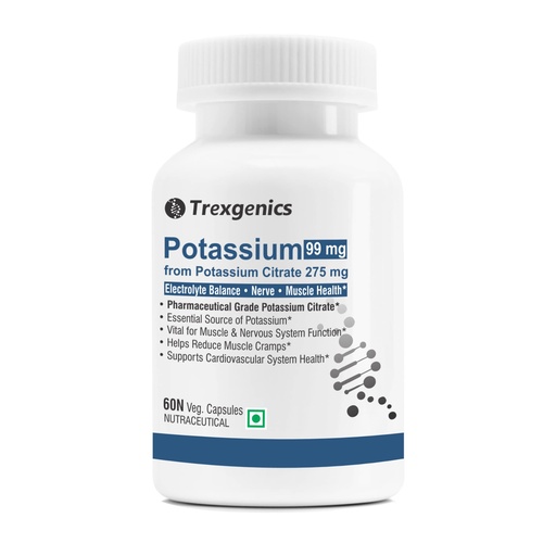 [BRSRM2T4OFYBAF32] Trexgenics POTASSIUM CITRATE (K 99) 275 mg Electrolyte Balance, Nerve & Muscle Health VEGAN & NON-GMO (60 VEG CAPSULES)
