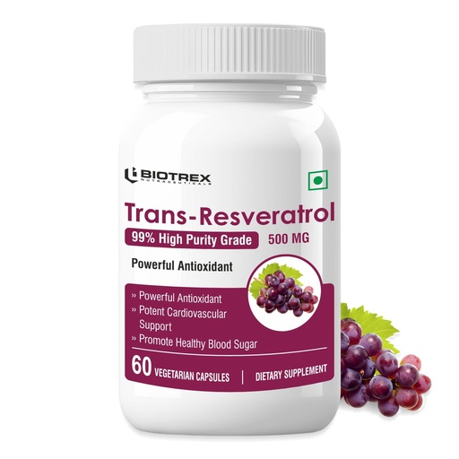[BRSWGZINOYFQICT3] Biotrex Nutraceuticals Trans Resveratrol 500mg | 99% High Purity Grade | Grape Skin Extract | Supports Blood Sugar Levels & Healthy Heart | 60 Veg Capsules