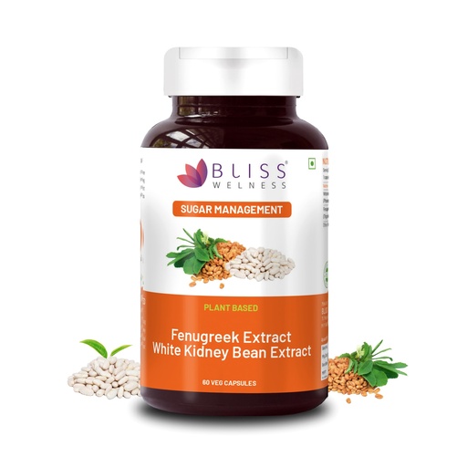 [BRSWYGAZA4AR6FLJ] Bliss Welness Blood Sugar & Weight Management | Pure Fenugreek Extract 3X Saponins + White Kidney Bean Extract Carb Blocker | Gut Hair Skin Health Sugar Management Supplement - 60 Veg Capsules