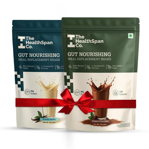 [BRSRGAYQCINRQ232] The Healthspan Co. High Protein Meal Replacement Shake Combo (Belgian Chocolate + French Vanilla) 425g Each | Only 136 Calories | Weight Control & Management | L-Carnitine for Fat Burn | High Fiber &