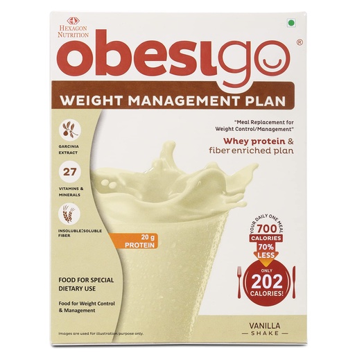 [BRSWGYY2BZ5RAALX] Obesigo BLCD - Meal Replacement Weight Loss & Weight Management Plan | Vanilla - 350Gm (7 Sachets*50g) | Whey Protein & Fiber Enriched | 40.8g Protein/100g, Garcenia Extract, 27 Vitamin & Mineral
