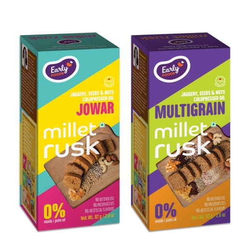 [BRSREAI3O4IAO3Y7] Early Foods - Chota Pack of 2 : Jowar & Multigrain Rusks | Millet Rusk Sugar Free | No Maida Toast | Rusks for Kids | Millet Toast Biscuits 82 g x 2