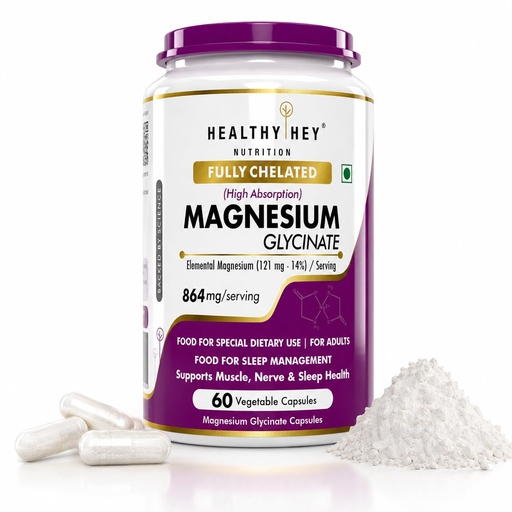 [BRSRYFIPDMMW2F37] HealthyHey Nutrition Magnesium Glycinate 14% Fully Chelated Supplement High Absorption for Sleep, Cramps, & Nerves Health - 60 Vegetable Capsules