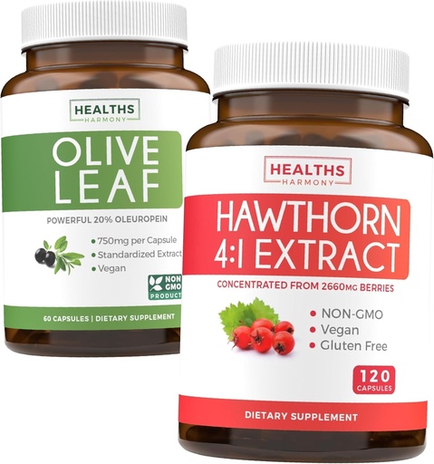 [BRSW2ZATAUOWMCI7] Bundle of Olive Leaf Extract & Hawthorn Berry Extarct - Healthy Herbs Bundle - Olive Leaf Extract with 20% Oleuropein & Hawthorn Berry 4:1 Extract - Concentrated from 2660mg Fresh Berries (120 Caps)