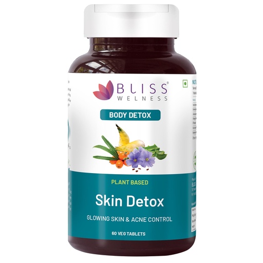 [BRSW2FARAQPWGEQV] Bliss Welness Skin Detox | Blood Purification & Radiant Glow | Enriched with Sea Buckthorn, Evening Primrose, Aloe Vera, Omega 3, Curcumin, Neem & More | Fights Acne & Removes Toxins - 60 Veg Tablets.