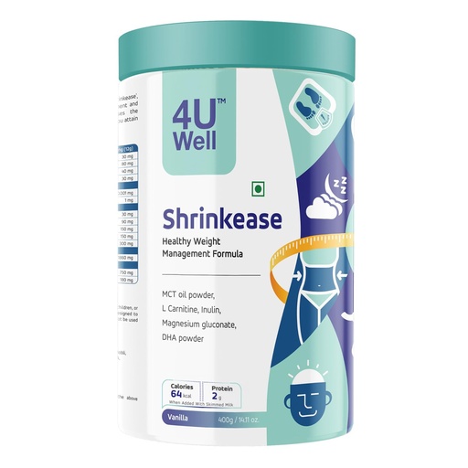 [BRSRAAYODJ6AOFL5] 4UWell Shrinkease Weight Management Shake for Men & Women | Vanilla Flavour | With L-Carnitine & DHA | Vitamins & Minerals | Supports Fat Metabolism, Appetite Control & Healthy Lifestyle - 400g