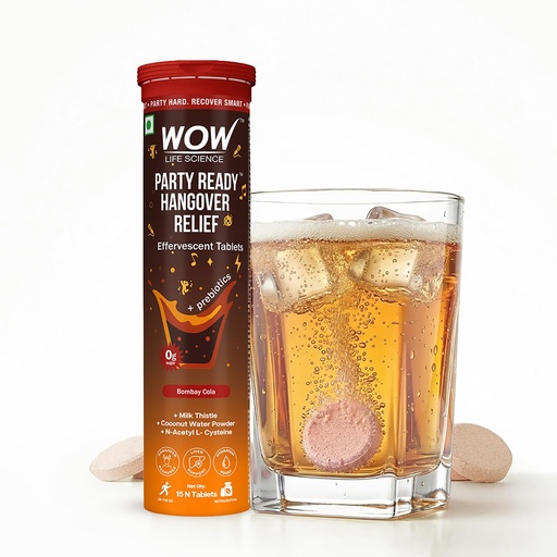 [BRSRGFQYOQFGYC3F] WOW Life Science Party Ready Hangover Relief Effervescent Tablets | Post-Party Recovery Drink with NAC, Milk Thistle, Electrolytes & Prebiotics | Zero Sugar Rehydration, Liver Support & Morning-After Clarity | Bombay Cola | 15 Tablets