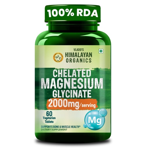 [BRSRE2Y6BZ7G2FLG] Vlado's Himalayan Organics Chelated Magnesium Glycinate Supplement 2000mg Per Serving | Magnesium Supplement Supports | Clinically Approven | Muscle Recovery & Better Sleep - 60 Veg Tablets