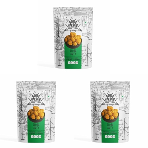 [BRSRYZAOCMMRGHYV] Mr. Makhana Roasted Makhana and Foxnuts | Healthy Snacks | Gluten Free | MSG Free | Antioxidant | Rich Calcium | Zero Trans Fat | Zero cholesterol (Pudina Party) (Pack of 3)