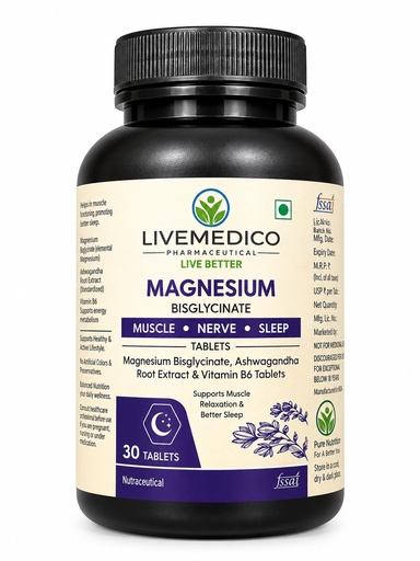[BRSRYGQQDF5RUAA6] Magnesium Bisglycinate Tablets with Ashwagandha Root Extract & Vitamin B6 (P-5-P) | Muscle, Nerve & Sleep Support | 30 Tablets