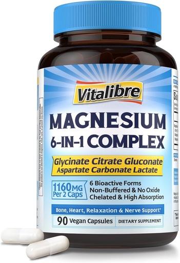 [BRSRAGT3OBYGOA32] Magnesium Complex Supplement 6 in 1, 1160mg Chelated Magnesium for Max Absorption, Help with Better Sleep, Relaxation & Nerve Calm, 90 Vegan Capsules, Non GMO & Gluten Free