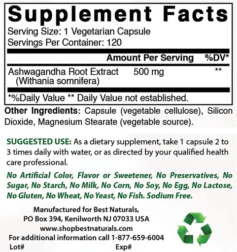 [BRSRMBITOEHWKD3L] Best Naturals Ashwagandha Extract 500 Mg & Zinc Gluconate 50mg