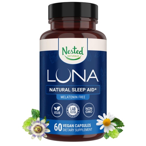 [BRSRMBL5C4DRSDLJ] Nested Naturals Luna Melatonin-Free Sleep Supplement - Non-Habit Forming Herbal Sleep Supplement, Adult Bedtime Support, Help Sleeping w/Chamomile, Valerian, L-Theanine - 60 Vegan Capsules