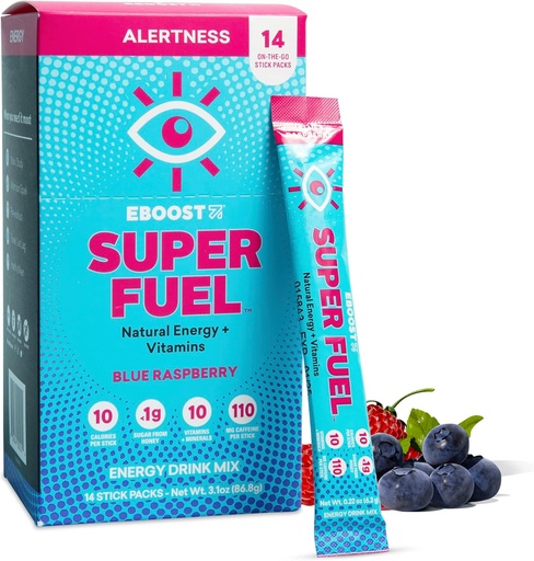 [BRSROZQLOJ7BOGTF] EBOOST Energy Drink Powder, Super Fuel - Blue Raspberry, 14 Packets - Pre-Workout Powder Energy Drink Mix - Natural Energy, L-Tyrosine, L-Theanine & Vitamins - Preworkout for Women & Men to Go