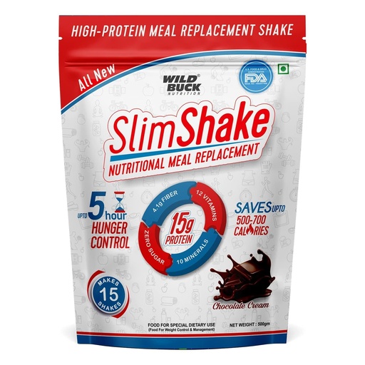 [BRSROBTRBEPWY33A] WILD BUCK SlimShake Meal Replacement Shake, High Protein Weight Loss & Lean Meal Shake, Low Carb Protein Blend, Rich in 12 Vitamins & 10 Minerals, Weight Control & Management Protein Shake 15g Protein, 4.1g Dietary Fiber & Digestive Enzymes | Meal Replacement Shake for Men and Women [Chocolate Cream, 500g]