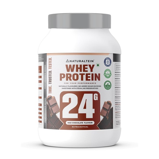 [BRSRAAA2AQBQGDTL] NATURALTEIN Whey Protein – 24g Protein per Serving | Max Chocolate Flavour | Stevia Sweetened | No Added Sugar | Non-GMO | Soy-Free & Gluten-Free | Smooth Texture & Super Mixability | 1 kg