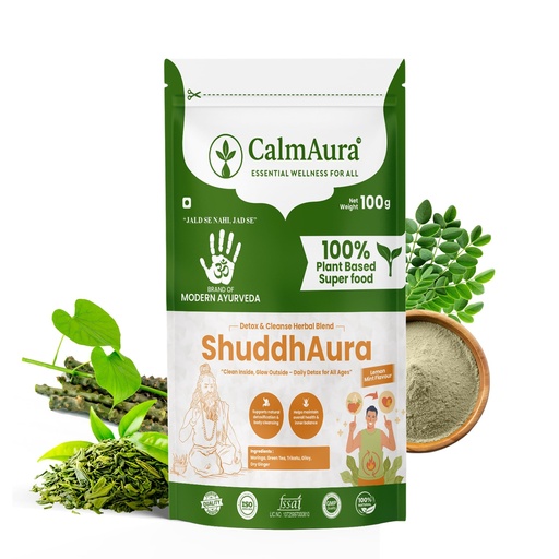 [BRSRGHAEBZYA43LA] CalmAura ShuddhAura Ayurvedic Detox Wellness Powder 100g | Lemon Mint Flavor | Liver Support, Immunity & Energy Drink with Moringa Green Tea Giloy | Vegan