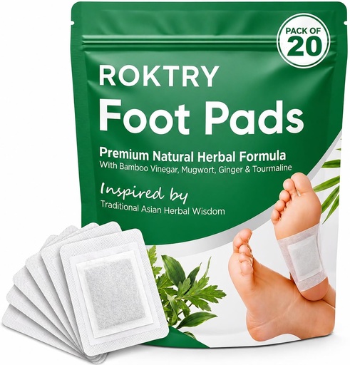 [BRSRGCYZDMAQAHT6] ROKTRY [20 Pack] Natural Bamboo Vinegar Detox Foot Pads –Deep Cleansing Herbal Patches for Stress Relief & Better Sleep –Organic Ginger Foot Patches for Pain Relief,Energy Boost & Body Detoxification