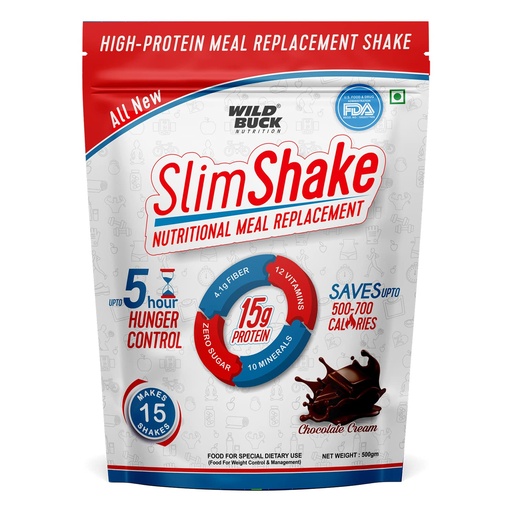 [BRSRMAIBOAOQ42DK] WILD BUCK SlimShake Meal Replacement Shake, High Protein Weight Loss Shake, Low Carb Protein Blend, Rich in 12 Vitamins & 10 Minerals, Weight Control & Management Protein Shake 15g Protein, 4.1g Dietary Fiber & Digestive Enzymes | Meal Replacement Shake for Men and Women [Chocolate Cream, 500g]