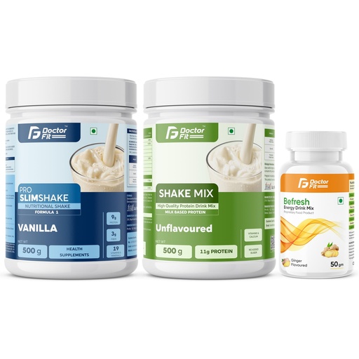[BRSRYFAHOJ4GG2DP] DOCTORFIT Pro Slimshake Formula 1 Vanilla 500g + ShakeMix Unflavoured 500g + Befresh Ginger Energy Drink Mix 50g | Nutritional & Protein Combo - 1050gm (Vanilla Shake + Shake Mix + Befresh Ginger)