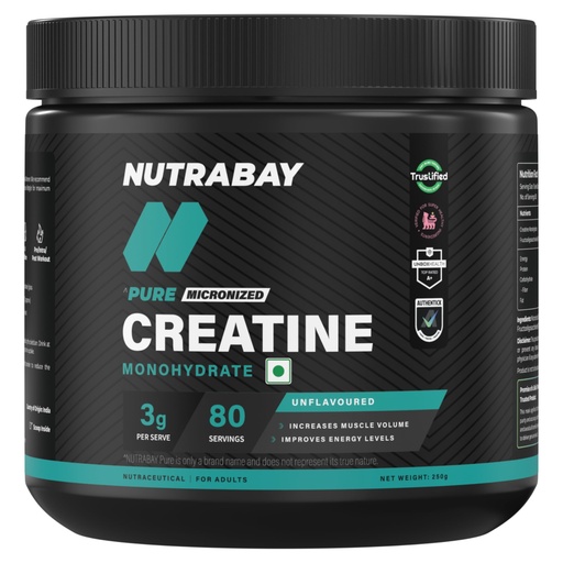 [BRSWGBLQOYFQEYDF] Nutrabay Pure Series Micronised Creatine Powder Monohydrate, Pre/Post Workout Bodybuilding, Crossfit Supplement, 250 g (Unflavoured)