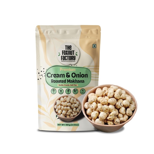 [BRSRGAI6AF7AEGTH] The Foxnut Factory Cream & Onion Roasted Makhana | 100g | Crunchy Fox Nuts | Gluten-Free, Not Fried, Ready-to-Eat Snack”