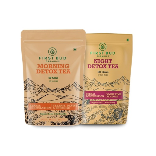[BRSWGAQ6AAPA423P] First Bud Organics Ultimate Detox Tea Combo - Morning & Night Cleansing Blend for Refreshed Days and Restful Nights (50g x 2) | Weight Loss Tea
