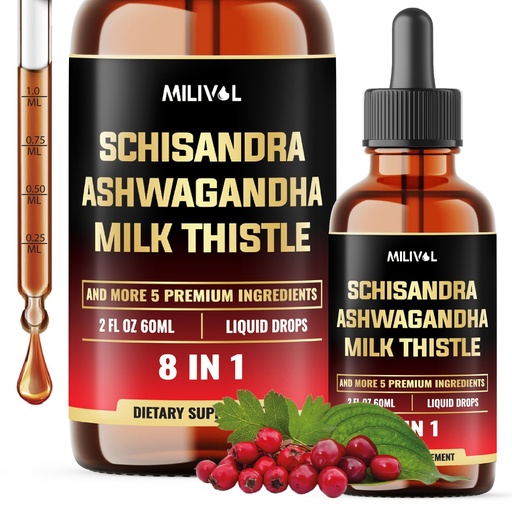 [BRSRAEI7AQMWKDTJ] 8in1 Schisandra Berry Drops with Milk Thistle, Ashwagandha, Rhodiola Rosea, Holy Basil, Artichoke, Dandelion Root & Turmeric Curcumin - 2 Fl Oz for 2 Month Supply