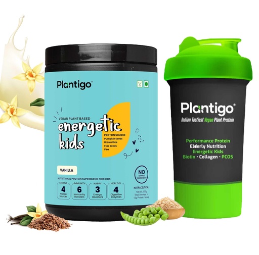 [BRSRAYAQO4MQMAAV] Plantigo Kids Protein 14g, 11 Vitamins, 8 Minerals, Nutrition Supplement | Muscle, Bone Growth & Brain Health | Plant Protein Powder for Kids 10+ years | (Vanilla Flavor - 500g + Shaker, 600ml)