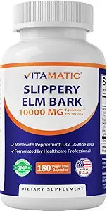 [BRSRAYYYOQFB42TF] Vitamatic Slippery Elm Bark 10000 mg Equivalent Per Serving (from 20:1 Extract 500 mg), Made with Peppermint, DGL, & Aloe Vera - 180 Veg Capsules, and Concentrated 20X Potency