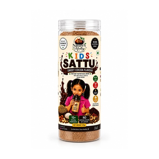 [BRSRYZTYOZYWG3TJ] Nature's Medley Kids Sattu Powder with Cocoa Flavour & Dhaga Mishri | Dry Fruits Enriched | Rich in Omega & Protein | No Added Sugar | No Preservatives | Energy Drink for Children | 125g