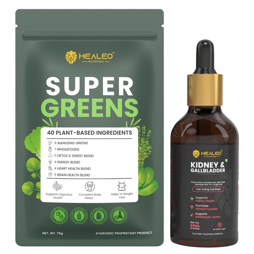 [BRSRYZAEC4HROAY3] HEALEO Kidney & Daily Greens Wellness Combo | Kidney & Gallbladder Support Drops with Chanca Piedra, ACV, Ginger & Dandelion Root + Super Greens Powder with 40 Plant-Based Ingredients | Supports Urina