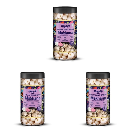 [BRSRYZAOBZ7RQ2YU] Happilo Premium Makhana Cream & Onion Jar 80g | Roasted Foxnuts, Phool Makhana | Healthy Snacks | Low Calorie, Vegan & Crunchy (Pack of 3)
