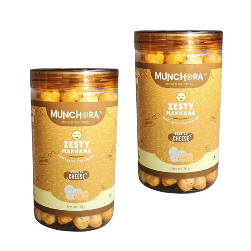 [BRSRGZTQA56Q4C3G] Munchora Premium Zesty Cheese Makhana - 140g | Roasted, Not Fried | Healthy Snack | No Preservatives | Cholesterol Free | Gluten Free | Rich In Protein & Fiber | Ready-to-Eat Snack | (70g x 2 Packs)