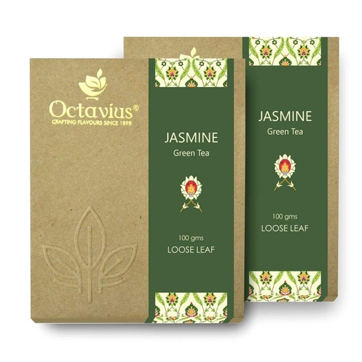 [BRSW2FTQPJ4GYHTX] Octavius | Jasmine Green Tea - 100 Gm (Pack of 2) 100 Cups |100% Natural Ingredients | Loose Leaf | Jasmine Flower | Antioxident-Rich | Boost Immunity | Improves Sleep, Skin and Hair | 200Gm Box