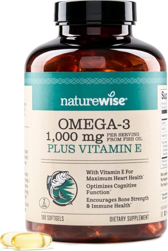 [BRSROZYPO4MRUYL7] NatureWise Extra-Strength Omega 3 Fischöl-Ergänzung - 1000mg pro Servierung - 600 EPA & 400 DHA und Vitamin E - Unterstützung für Herz- und Hirngesundheit - Zitronengeschmack, GMO-frei - 180 Softgels[3-Monat-Versorgung]